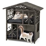 Maison pour chat en rotin � 2 niveaux costway coussins amovibles toit fen�tres portes abri pour animaux ...