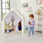 Maison de jeu enfant en bois blanc avec tente tissu - cabane montessori jaune et gris