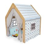 Cabane enfant en bois naturel avec tente tissu bleu et gris ? maison de jeu montessori int�rieur �toiles ...