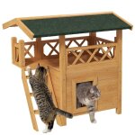 Maison lodge pour chats - pawhut - avec terrasse escalier toit pour chat - 77 x 50 x 73 cm - bois naturel ...