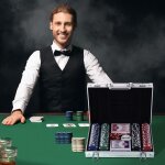 Malette pro poker coffret complet 30l x 21l x 65h cm 200 jetons 2 jeux de cartes 2 cl�s aluminium