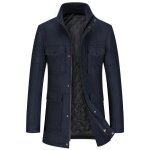 Manteau business homme en laine grande taille couleur unie col montant - bleu marine