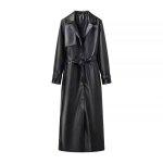 Manteau femme vitata automne / hiver - revers avec ceinture - trench long en similicuir - noir