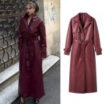 Manteau femme vitata automne / hiver - revers avec ceinture - trench long en similicuir - rouge foncé ... Manteau femme vitata automne / hiver - revers avec ceinture - trench long en similicuir - rouge foncé ...
