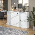 Buffet 150 x 40 x 86 cm avec 4 portes 2 tiroirs �tag�res r�glables poign�es rondes en m�tal - blanc