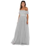 Maya deluxe - azbr67 - maxi - sftgry - robe longue ornee de bardot bleu poussiereux demoiselle dhonneur ...