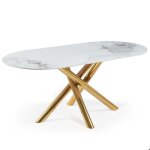 Menzzo table ovale 90x180cm rusking effet marbre blanc et pieds crois�s m�tal dor� - table � manger