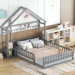 Lit cabane enfant gris - merax - 140x200 (lit montessori) - avec barri�res de s�curit� - table de chevet ...