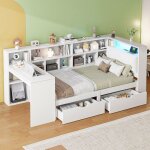 Merax lit combin� ado lit multifonction en l 90x200 cm avec bureau biblioth�que tiroirs et �clairage ...