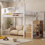 Lit mezzanine - merax - 140x200 cm - m�tal blanc - escalier de rangement - design contemporain