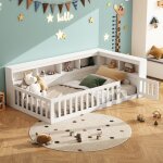 Merax lit montessori d?angle - 90x200 cm - en bois blanc - avec rangements - barri�re amovible et prise ...