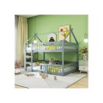 Merax lit superpos cabane enfant 140x200 cm avec escalier et barrires ? bois massif lit maison gris ...