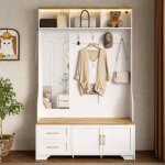 Merax meuble d?entr�e avec led miroir tiroirs & crochets ? vestiaire moderne bois et blanc avec banc ...