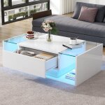 Merax table caf� moderne table basse led 100x50 cm avec tiroir verre tremp� et finition laqu�e brillante ...