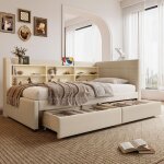 M�ridienne 90x200 cm canap� - lit 1 place beige avec 2 tiroirs ports usb / type - c rangement (lin + ...