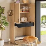 Meuble pour animaux 160 cm effet ch�ne avec gamelles et couchage armoire de rangement design pour chien ...