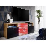 Meuble banc tv urbino komodee - led rgb - noir brillant et bois naturel - facades en brillant - 140 x ...