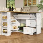 Meuble bar avec 2 tiroirs et �tag�re lat�rales � snacks - blanc - table de repas extensible avec rotation ...