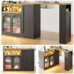 Meuble bar de cuisine exensible avec plateau effet bois portes vitres canneles et led lot de cuisine ...