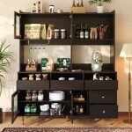 Meuble bar professionnel - porte vitre et support  verres - rangement multicouche - noir 145x39x171cm ...