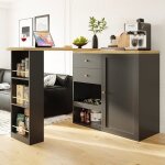 Meuble bar rotatif 360 avec 4 tiroirs et tagres ouvertes table de bar bois noir or 138 cm
