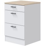 Meuble bas de cuisine de 3 tiroirs avec plan de travail coloris blanc brillant / chêne canadien Meuble bas de cuisine de 3 tiroirs avec plan de travail coloris blanc brillant / chêne canadien