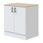 Meuble bas de cuisine sous vier 2 portes avec plan de travail coloris blanc brillant / chne canadien ...