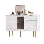Meuble buffet bahut bas salon salle a manger rangement - style modern bois blanc avec 3 tiroirs et 2 ...
