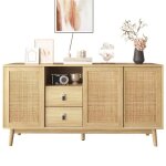 Meuble buffet bois salon salle a manger - style scandinave - avec 3 portes en rotin et 2 tiroirs - l ...