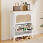 Meuble � chaussures 14 paires boh�me avec 2 tiroirs rabattables portes effet cannage rotin 80 x 24 x ...