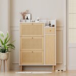 Meuble � chaussures 3 portes + 1 tiroir bois composite et rotin pour entr�es �troites naturel + blanc ...