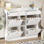 Meuble � chaussures - 4 portes - 2 tiroirs - 3 etag�res - blanc moderne - 110x26x100 cm