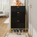 Meuble � chaussures 65x1205x25cm avec tiroirs double �tag�re � chaussures poign�es et pieds dor�s noir ...