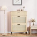 Meuble � chaussures 80x24x114cm - ? rangement 1 tiroir & 2 abattants ? design �pur� - en bois clair et ...