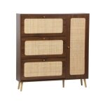 Meuble à chaussure cannage bohème noyer. 3 tiroirs. 1 porte. 21 paires. 120 x 24 x 125 cm Meuble à chaussure cannage bohème noyer. 3 tiroirs. 1 porte. 21 paires. 120 x 24 x 125 cm