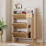 Meuble a chaussures en rotin 90x17x125 cm avec 3 portes battantes et 1 tiroir armoire  chaussures avec ...