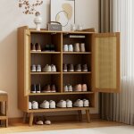 Meuble � chaussures en rotin naturel double porte cinq �tag�res avec poign�es en bois et pieds en bois ...