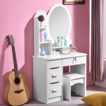 Meuble coiffeuse table de maquillage chambre tabouret miroir rond babette