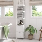 Meuble colonne de salle de bain armoire haute meuble rangement avec 3 �tag�res et 2 tiroirs en mdf - ...
