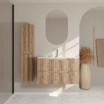 Meuble et colonne de salle de bains leon 80cm d�cor bois - fa�ades ondul�es - vasque blanche mate