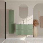Meuble et colonne de salle de bains leon 80cm vert olive - faades ondules - vasque blanche mate