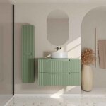 Meuble et colonne de salle de bains leon 80cm vert olive - faades ondules - vasque ronde 36cm