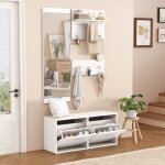 Meuble d?entr�e 4 pi�ces avec miroir et �tag�res � chaussures - vestiaire mural avec porte - manteau ...