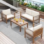 Meubles de jardin - salon de jardin en rotin - ensemble de 4 avec 3 fauteuils 2 places et 1 table beige ...