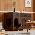 Meuble litiere chat �l�gant avec plaque de vidange de sable amovible niche � chat isolante des odeurs ...