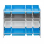 Meuble de rangement de jouets pour enfant 4 niveaux 16 bacs en plastique blanc bleu gris