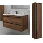 Meuble de salle de bain dimensions 100 cm couleur noyer maya miroir sans miroir colonne de rangement ...