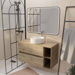 Meuble salle de bains 100 timber d�cor ch�ne 2 tiroirs vasque blanche miroir 100x70 led bord noir