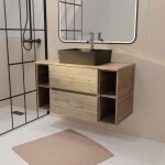 Meuble de salle de bains 100cm timber d�cor ch�ne 2 tiroirs - vasque rectangulaire noire
