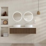 Meuble salle de bains 120 2 tiroirs d�cor ch�ne et noir - vasques et plan blancs - miroirs led 50